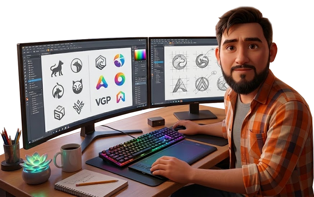 Diseñador trabajando en una identidad visual desde su estudio